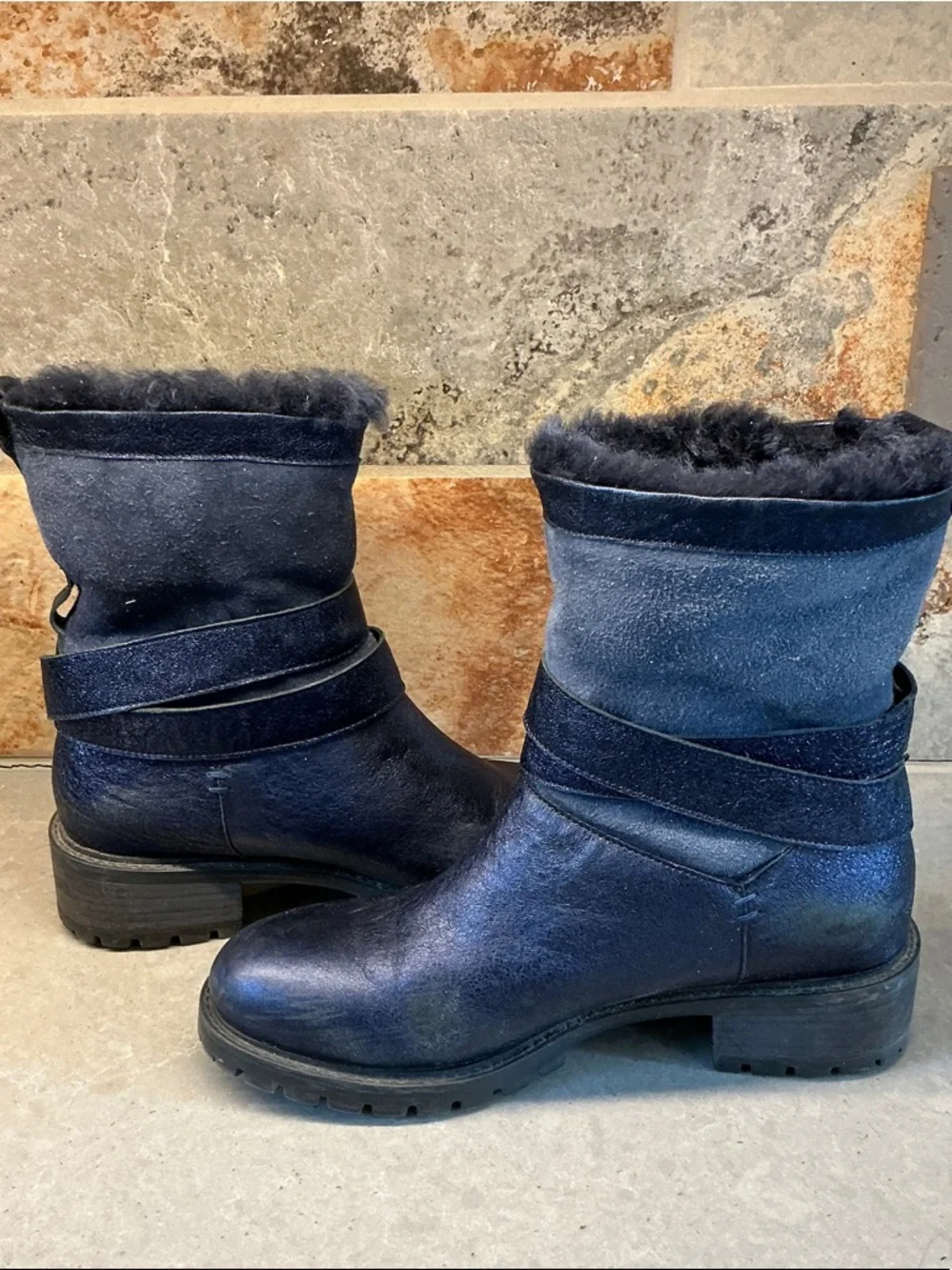 Women's Navy Blue Shearling-Lined Leather Ankle Boots with Buckle